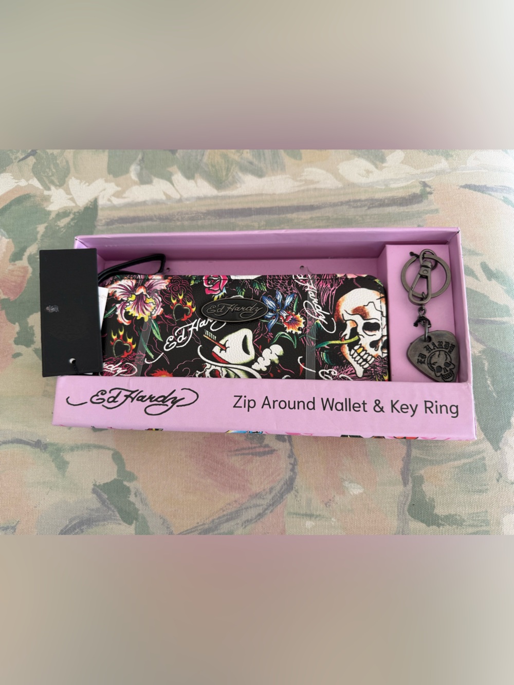 Ed Hardy Black Floral & Skull Zip-Around Wallet with Key Ring
